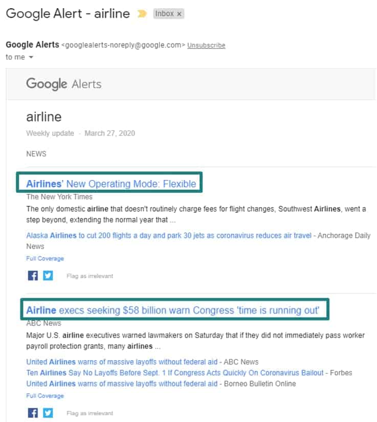 Google Alerts for airlines