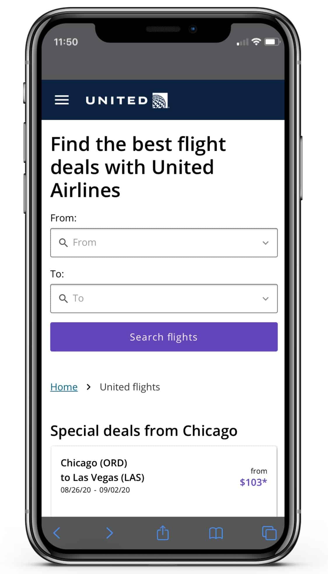 United Airlines AMP flight search panel