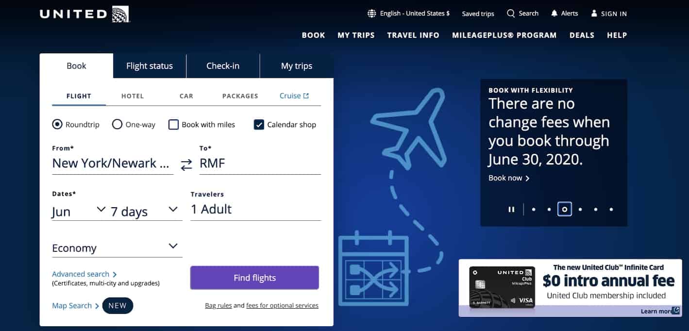 United home page booking flexibility